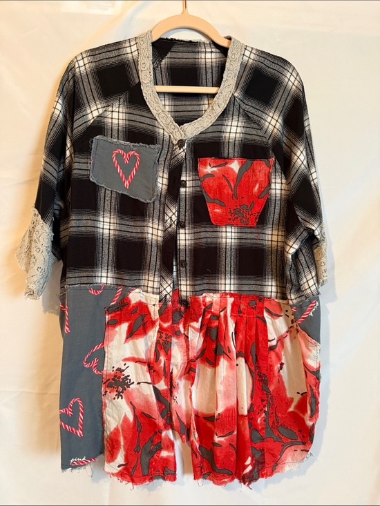 Hand Crafted Tops - Upcycled Mixed Media Plaid Heart Patch Top XL Handmade